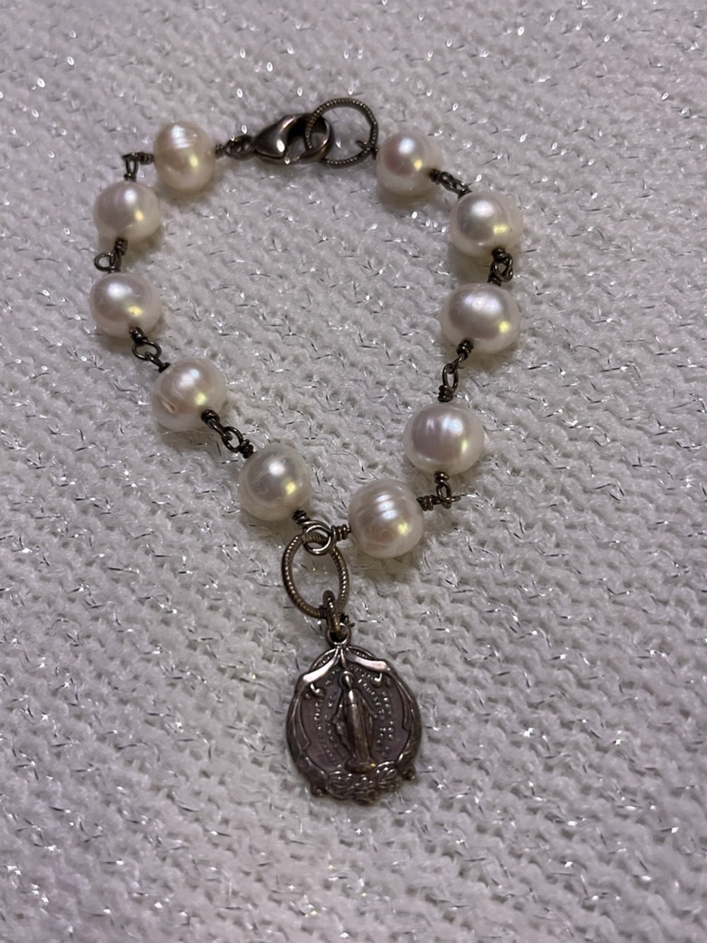 Vintage-Inspired White Pearl Rosary Bracelet with Sterling Silver Medal & clasp